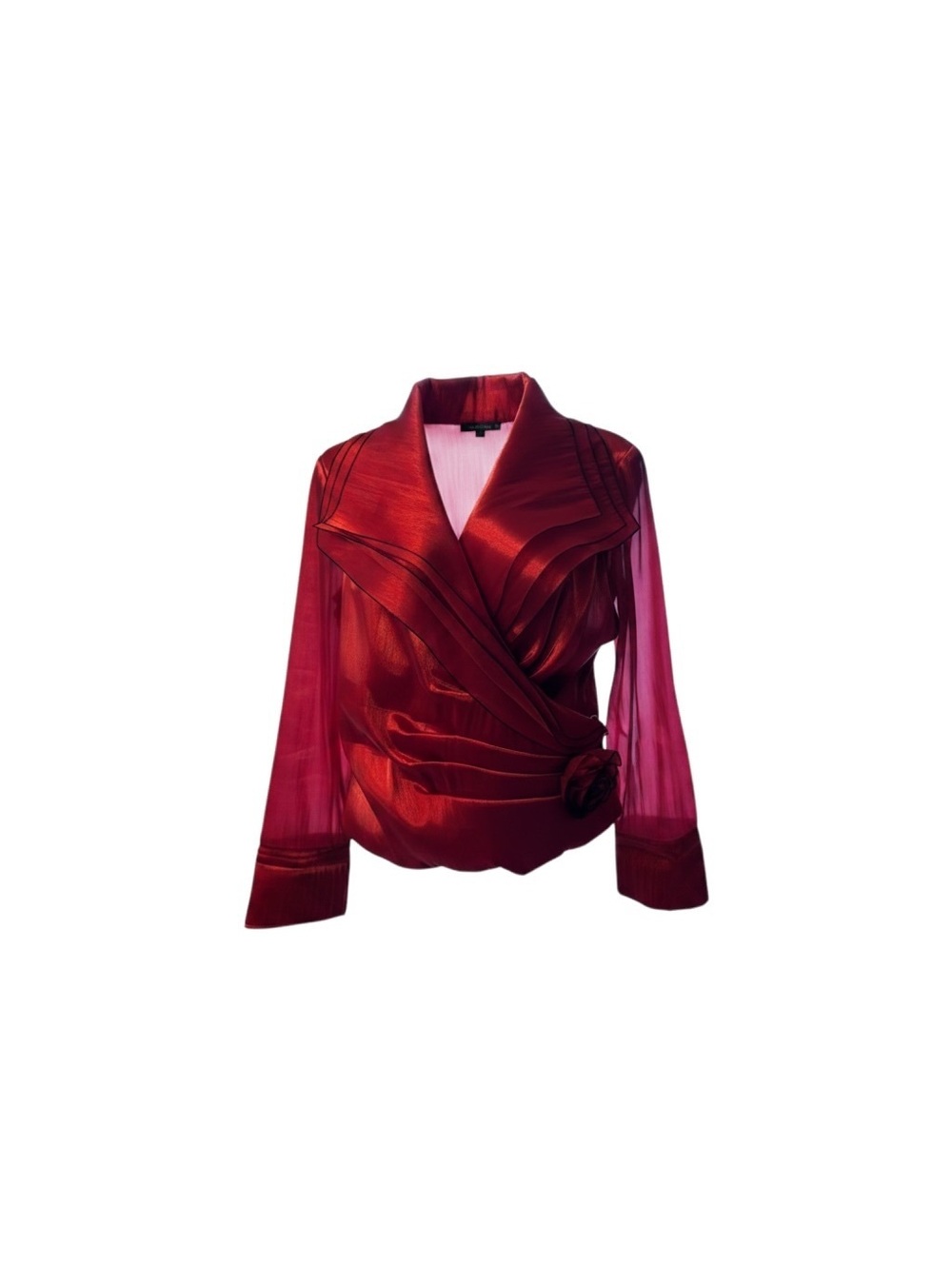 Vintage Jackie Jon Petite Red Satin and Sheer Sleeve Blouse